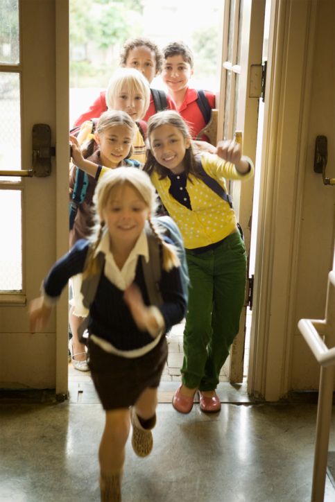 Children running through door